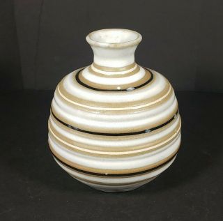 Hand Crafted Art Studio Pottery Vase Black White Brown Stripe 4.  5 "