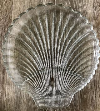 Vintage Clear Glass Sea Shell Plate Serving Tray Scalloped Edge Beach Ocean Dish