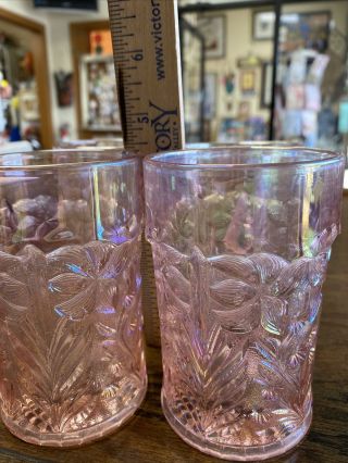 Imperial Glass Pink Tiger Lily Iridescent Carnival Glass Water Glasses Set 4pc