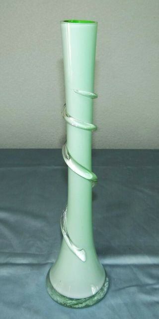 Empoli Murano Art Glass Applied Spiral Vase Green Cased 15 1/4 " Tall Hand Blown