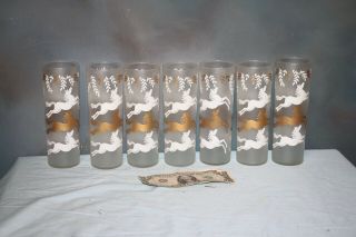 Vintage Mid Century Libbey White Gold Horses Cavalcade Tall Cocktail Bar Glasses