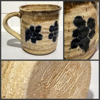 Vintage Glazed Coffee Mug Pottery Signed White Brown/blue Color Handmade Art Cup