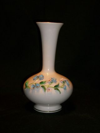 Vintage Lefton China Pink Vase With Pink And Blue Applied Flowers Gold Trim