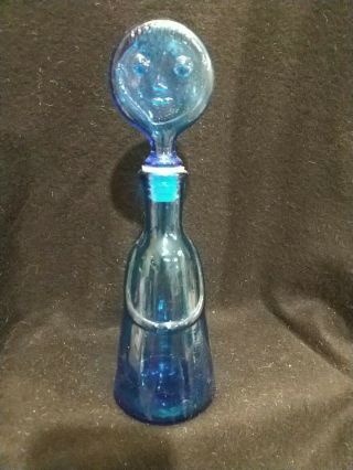 Vintage Rare Deep Aqua Blue 6 " Bottle With Serene Face Airtight Stopper