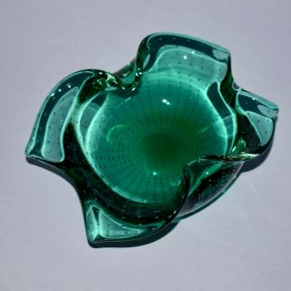 Vintage Murano Art Glass Ashtray Trinket Bowl Green Tiny Controlled Bubbles
