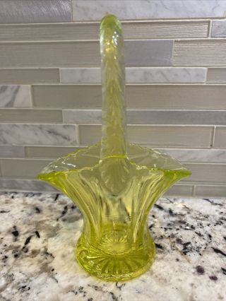 Canary Yellow/green Vaseline Uranium Glass Basket With Handle 7 In Tall