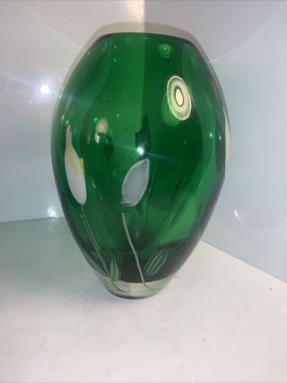 Vintage Green Murano Style Art Glass Vase With Calla Lilies - Hand Blown - Pretty