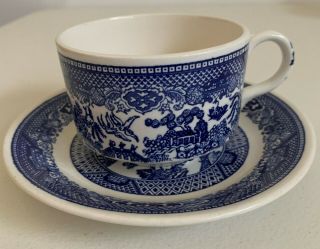 Vintage Willow Ware By Royal China Underglaze Teacup & Saucer Dark Blue & White