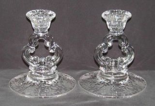 Cambridge Glass Co.  Wildflower Etch No.  3121 Crystal Pair Keyhole Candle Holders