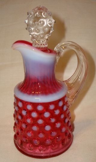 Vintage Fenton Art Glass Cranberry Opalescent Hobnail Oil Cruet Pitcher Stopper