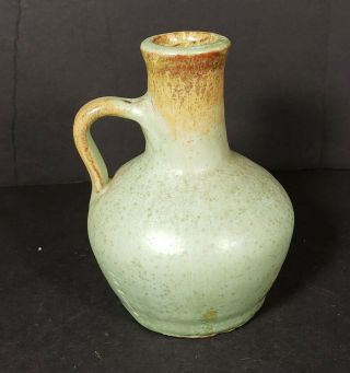 Studio Hand Crafted Art Pottery 4.  5 " Jug Vase Unmarked Green & Brown