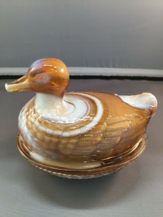 Vintage Imperial Glass Company Duck On Nest - - Caramel Slag Glass