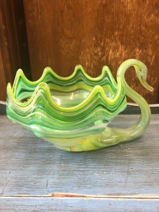 Vintage Mid Century Venetian Murano Green Art Glass Swan Centerpieve Vase Bowl