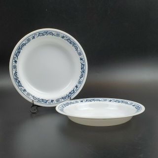 Set Of 2 Vintage Corelle Old Town Blue Flat Rimmed Soup Pasta Bowls 8 - 1/2 " Nos