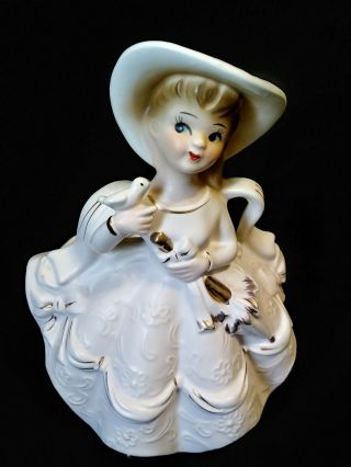 Vintage Rubens Lady In White Dress With Birdie Planter 474m,  Made In Japan