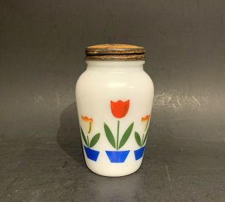 Vintage Fire King Milk Glass Multi - Colored Tulips Pepper Shaker & Lid