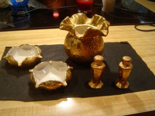Holley Ross Distinguished China 22k Gold Salt Pepper Ruffle Vase Bowls Vintage