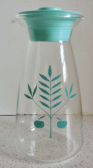 Pyrex Apple Tree Turquoise Aqua 32 Oz Glass Juice Carafe Pitcher W Lid