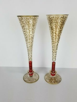 Pier 1 " Rioja " Champagne Flutes Glasses Ruby Red & Gold Mouth Blown 10.  5” Pair