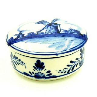 Hand Painted Delft Blue Holland Windmill Covered Trinket Box Round 5 "