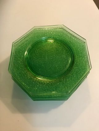 L E Smith Crackle Glass Green By Cracky Octagonal 8 " Plates Set Of 7