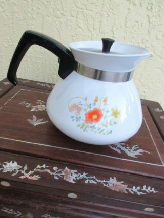 Vintage Corning Ware Enamel 6 Cup Tea Pot With Metal Lid Wildflower Pattern