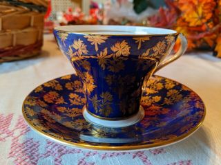 Vtg Aynsley Royal Blue Golden Flower Fine English Bone China Teacup And Saucer