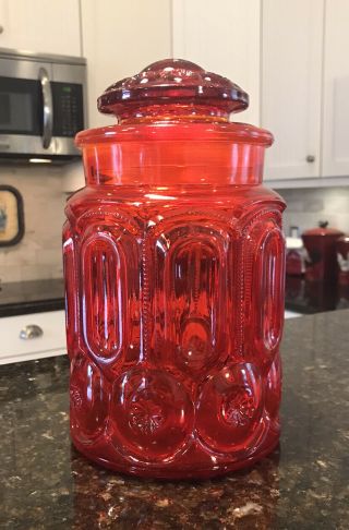 Le Smith Red Amberina Glass Moon & Stars 9 " Tall Canister Vintage