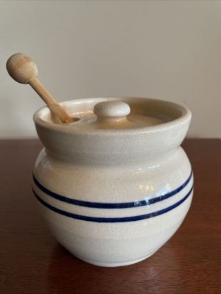 Martinez Pottery Stoneware Hand Turned Blue Striped Honey Pot With Wood Dipper