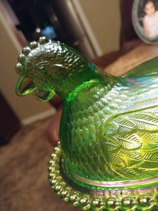 Rare Indiana Glass Co.  Lime Green Iridescent Hen On A Nest 3