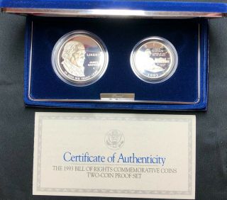 1993 - S Bill Of Rights Proof Commemorative Silver & Half Dollar Set Box And