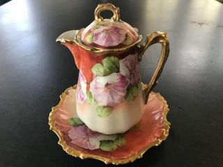 Limoge Creamer With Plate Gold Trim Pink And White Flowers