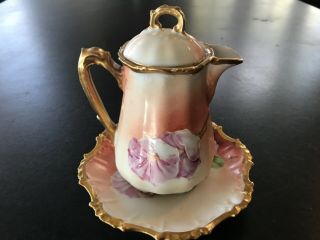 Limoge creamer with plate gold trim pink and white flowers 2