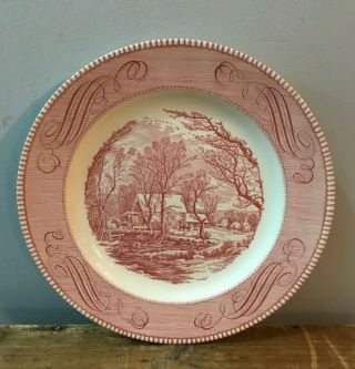Currier & Ives Royal Ironstone China Usa Winter Scene Red Pink Dinner Plate 10 "