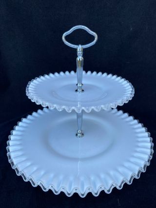 2 Tier Serving Tray In Silver Crest On Milk Glass By Fenton In Conditi