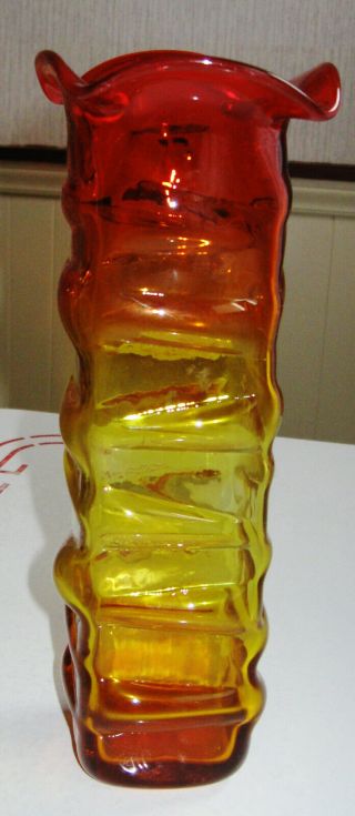 Blenko Glass Amberina Tangerine 10 " Square Vase By Wayne Husted Mid Century