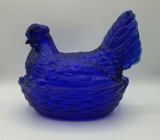 9 " Long Cobalt Blue Glass Hen Chicken On Nest Basket Dish Split Tail