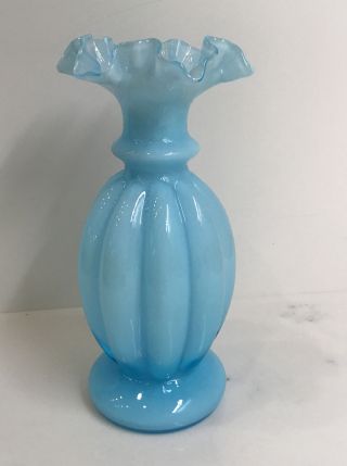 1940’s Fenton Art Glass Blue Cased Glass Ruffled Top Ribbed Fluted Flower Vase