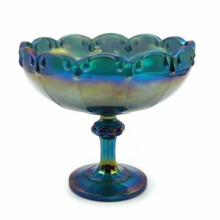 Indiana Blue Iridescent Carnival Glass Pedestal Garland Large Fruit Bowl