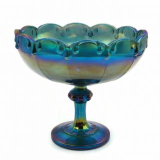 Indiana Blue Iridescent Carnival Glass Pedestal Garland Large Fruit Bowl 2