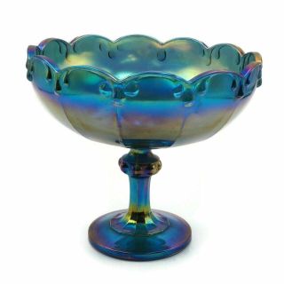 Indiana Blue Iridescent Carnival Glass Pedestal Garland Large Fruit Bowl 3