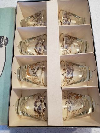 Vintage Libbey Gold Rose Glass Set Of 8 Cocktail Hostess Glasses Mcm