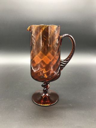 Vintage Mid Century Amber Glass Twist Swirl Pedestal Pitcher Empoli Murano Style