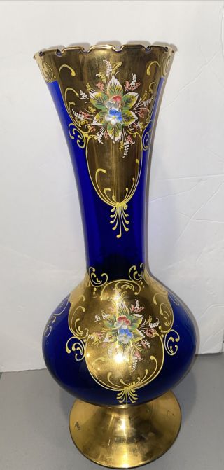 Vintage Cobalt Blue 14” Bohemian Glass Vase Hand Painted With Gold And Flowers