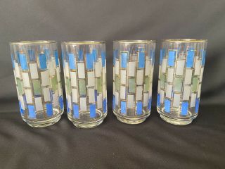 Vintage Libbey Nordic Mid Century Modern Set Of 4 - 12oz.  Tumblers Blue Green Gold