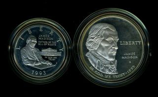 1993 United States Bill Of Rights Silver Dollar 2 Coin Set W/ Box &
