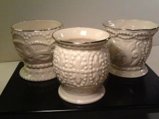Set Of 3 Lenox French Perle Beaded Scroll Porcelain Votive Cups Vases Gold Rims