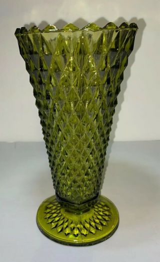 Vintage Indiana Emerald Green Glass Diamond Point Pedestal Vase 8 Inch