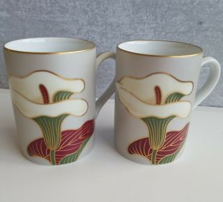 Set Of 2 Fitz & Floyd Satin Calla Lily Porcelain Coffee Mugs Japan 10 Oz Exc