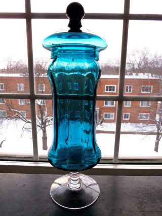 Mid Century Italian Empoli Optic Teal Blue Glass Lidded Apothecary Jar 13 " H